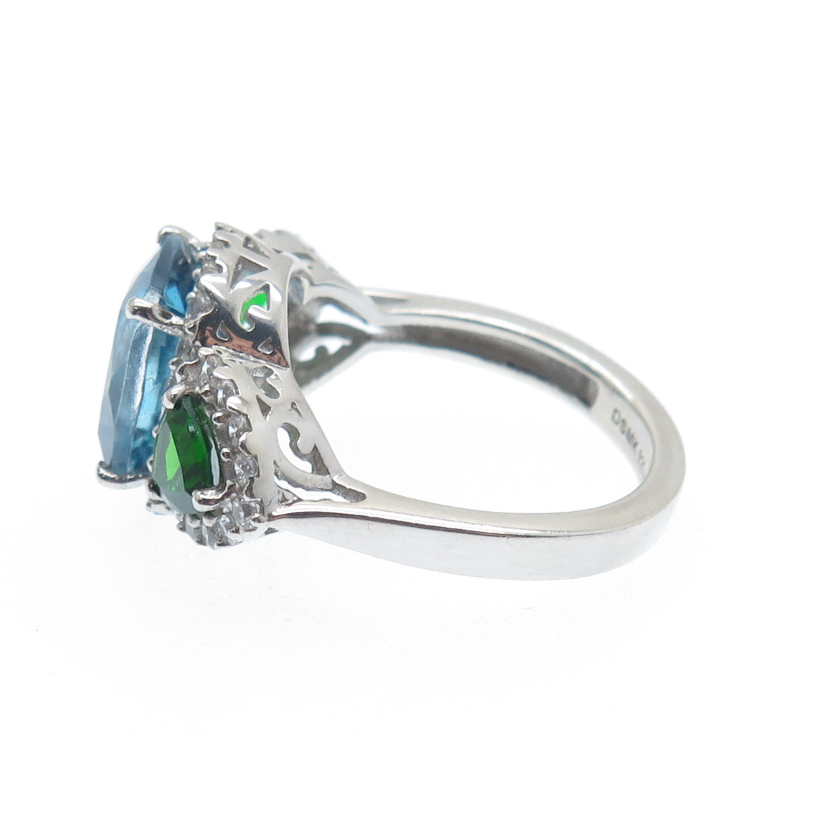 DSMK 925 Sterling Silver Real White & Blue Topaz Chrome Diopside Gem Ring Size 7