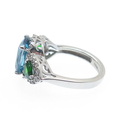 DSMK 925 Sterling Silver Real White & Blue Topaz Chrome Diopside Gem Ring Size 7