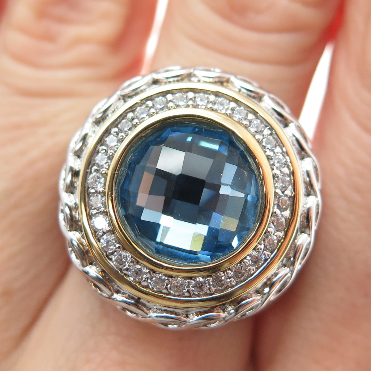 DSMK 925 Sterling Silver 2-Tone Round-Cut Blue & White C Z Ring Size 7.25