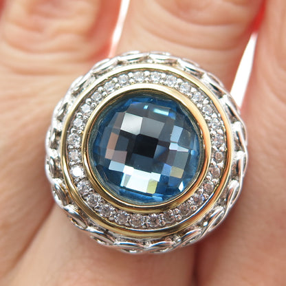 DSMK 925 Sterling Silver 2-Tone Round-Cut Blue & White C Z Ring Size 7.25