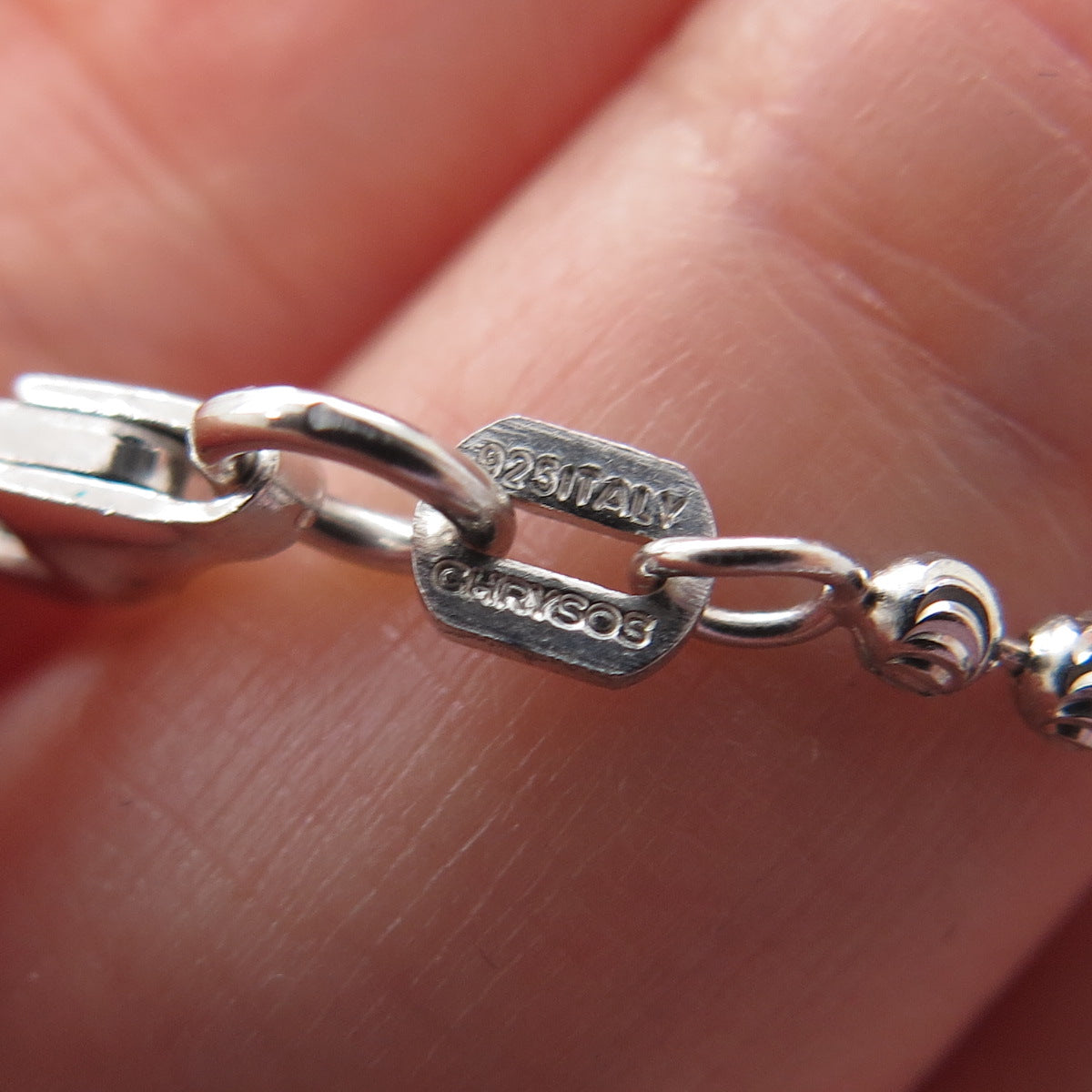 CHRYSOS 925 Sterling Silver Italy Diamond-Cut Ball Beaded Chain Necklace 28"