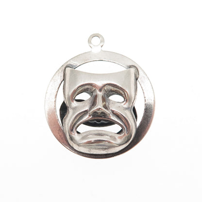 Beau 925 Sterling Antique Art Deco Comedy Tragedy Mask Dual Sided Charm Pendant