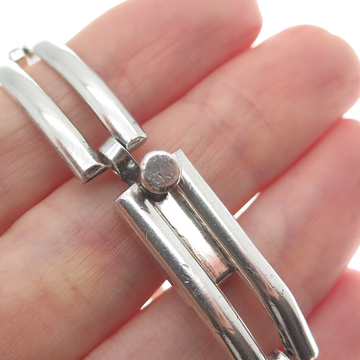 925 Sterling Silver Vintage Mexico Modernist Bar Panel Link Bracelet 7"