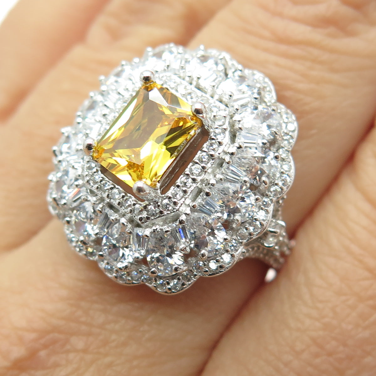 925 Sterling Silver Nano Citrine & Multi-Cut C Z Ring Size 8