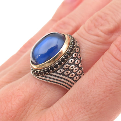 925 Sterling Silver 2-Tone Vintage Real Black Spinel & Blue Glass Ring Size 10.5