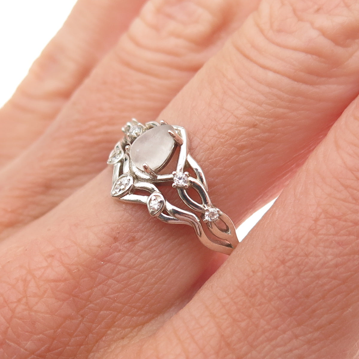 925 Sterling Silver Vintage Real Moonstone & C Z Oxidized Ring Size 9.25
