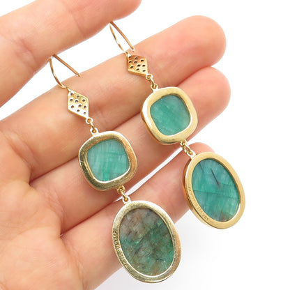925 Sterling Silver Gold Plated Real Diamond & Emerald Dangle Earrings