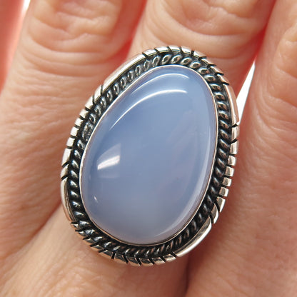 925 Sterling Silver Vintage Southwestern Real Blue Chalcedony Ring Size 7.5