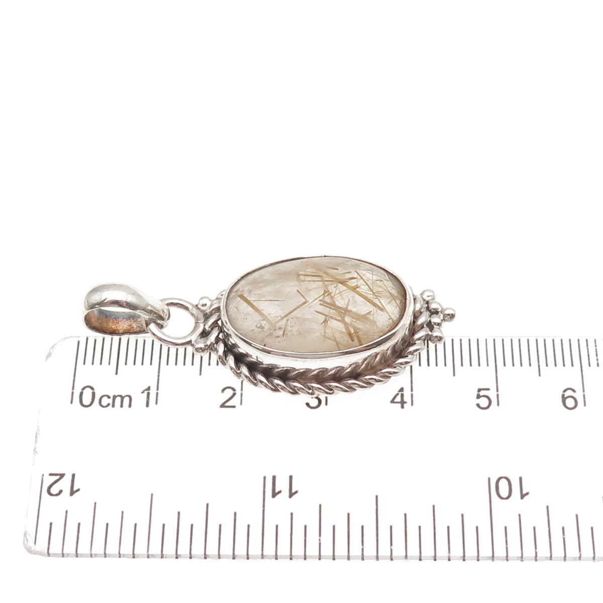 925 Sterling Silver Vintage Real Rutilated Quartz Oxidized Charm Pendant