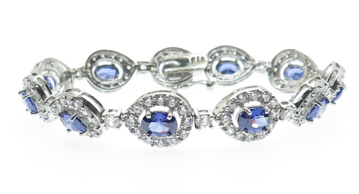 925 Sterling Silver Blue & White C Z Teardrop Link Bracelet 7.25"