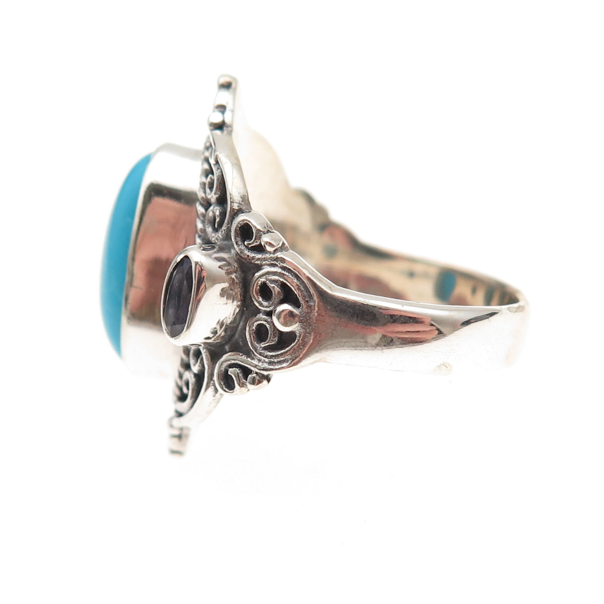 925 Sterling Silver Vintage Real Turquoise & Iolite Oxidized Ring Size 8.5