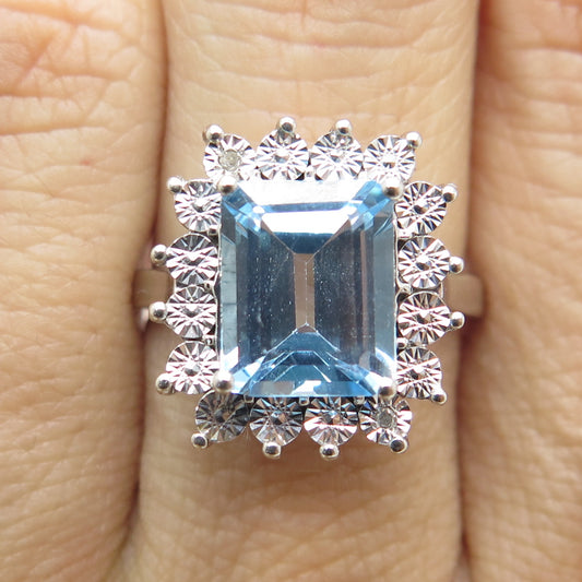 925 Sterling Silver Real Diamond Accent & Emerald-Cut Blue Topaz Ring Size 7.25