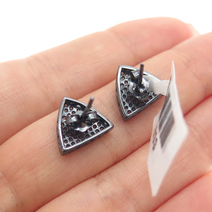 925 Sterling Silver Black Rhodium Round-Cut C Z Triangle Stud Earrings
