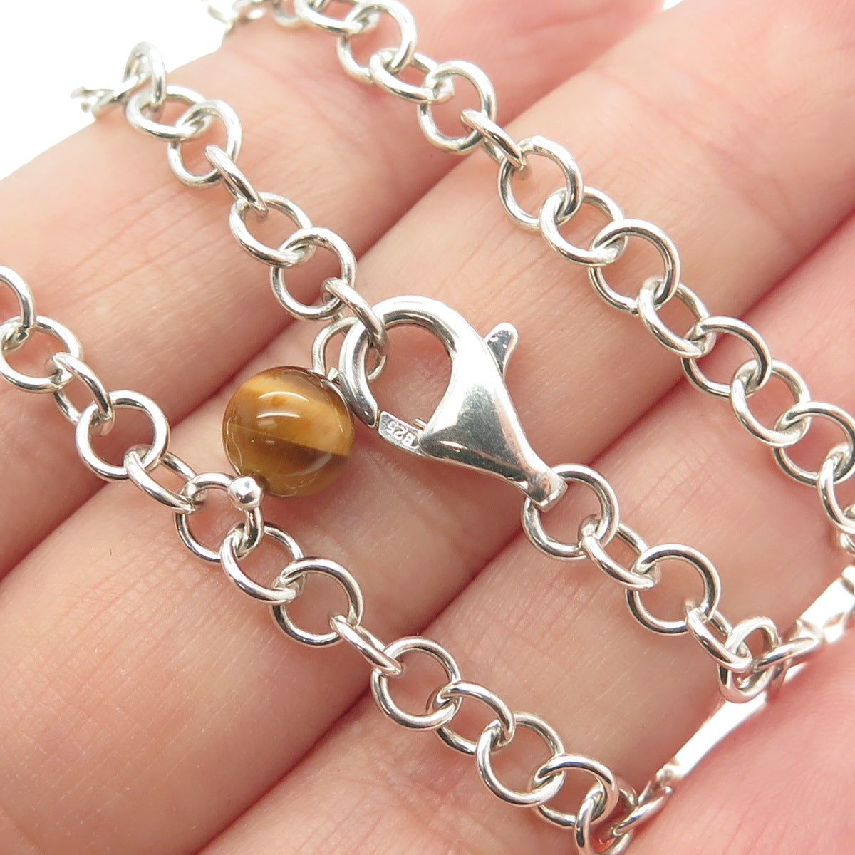 WHITNEY KELLY 925 Sterling Silver Vintage Real Tiger Eye Gemstone Necklace 18"