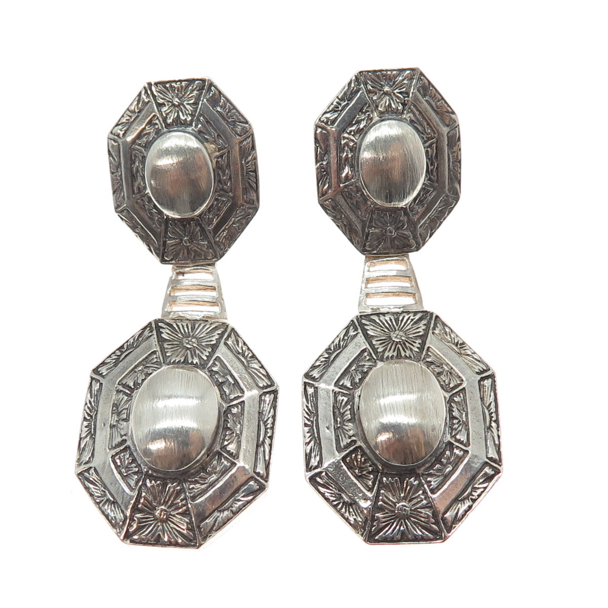 ANATOLI 925 Sterling Silver Vintage Engraved Flower Oxidized Dangle Earrings