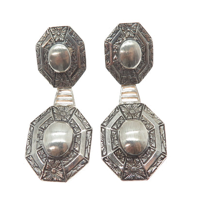 ANATOLI 925 Sterling Silver Vintage Engraved Flower Oxidized Dangle Earrings