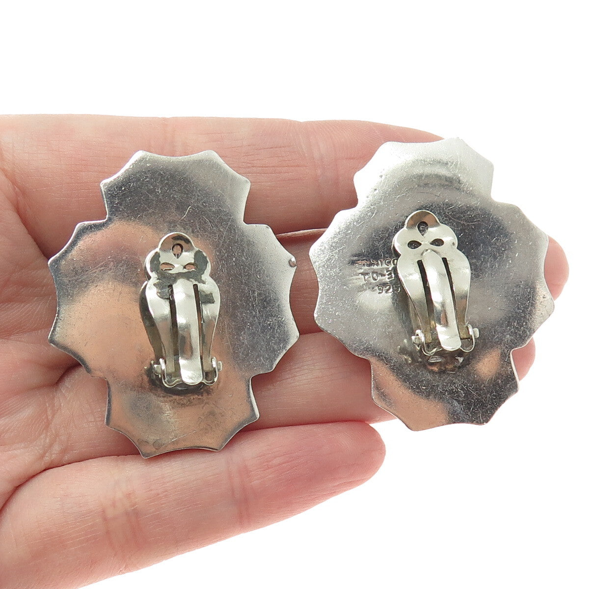 925 Sterling Silver Vintage Mexico Modernist Clip On Earrings