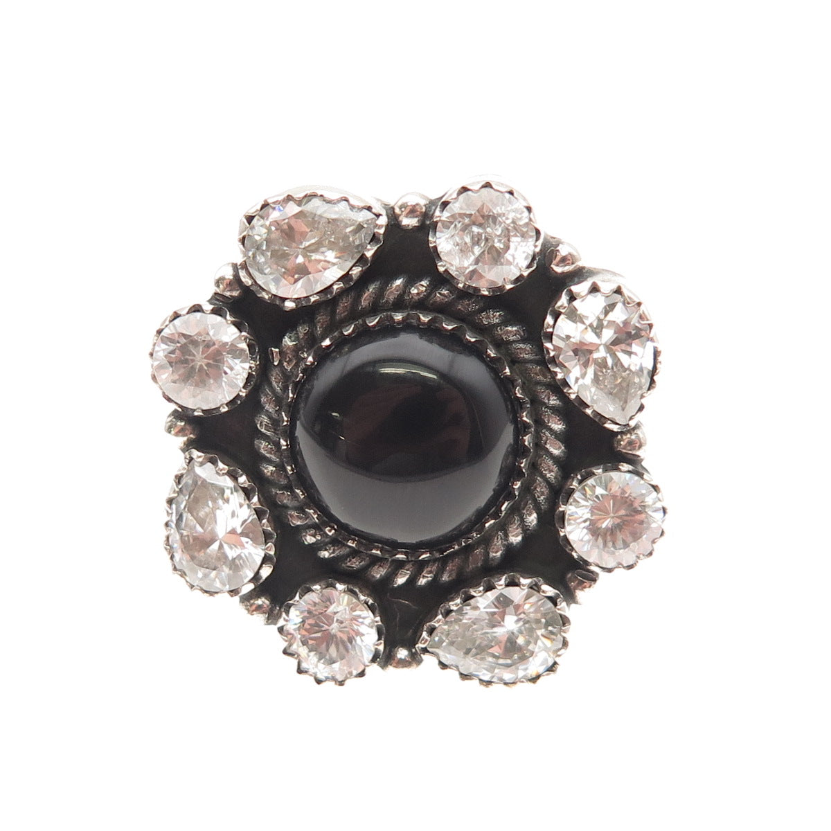 Krush Kandy 925 Sterling Vintage Real Black Onyx & C Z Adjustable Ring Size 8.5