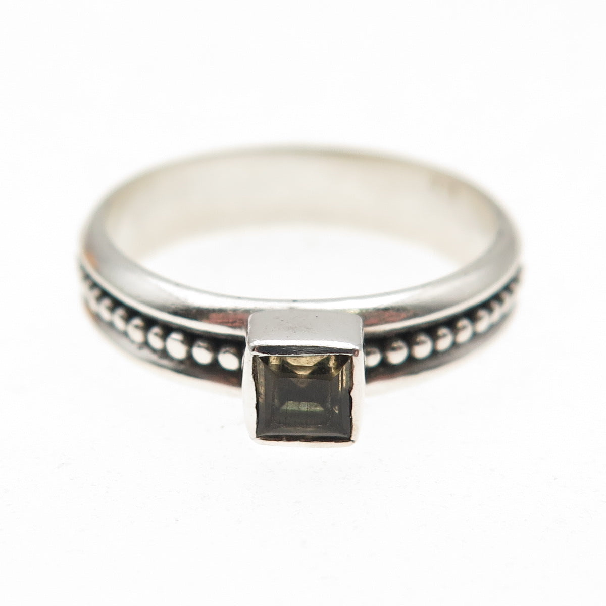925 Sterling Silver Vintage Real Smoky Quartz Beaded Oxidized Ring Size 8