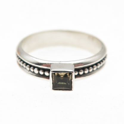 925 Sterling Silver Vintage Real Smoky Quartz Beaded Oxidized Ring Size 8