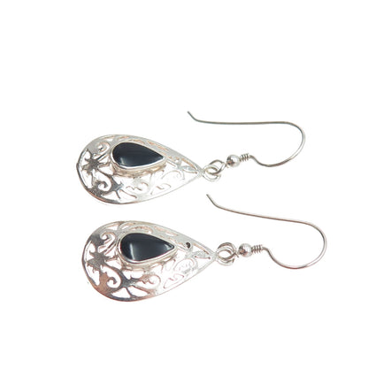 925 Sterling Silver Vintage Real Black Onyx Ornate Teardrop Dangle Earrings