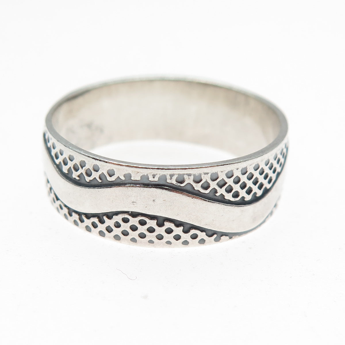 925 Sterling Silver Vintage Modernist Wave Oxidized Band Ring Size 13.25
