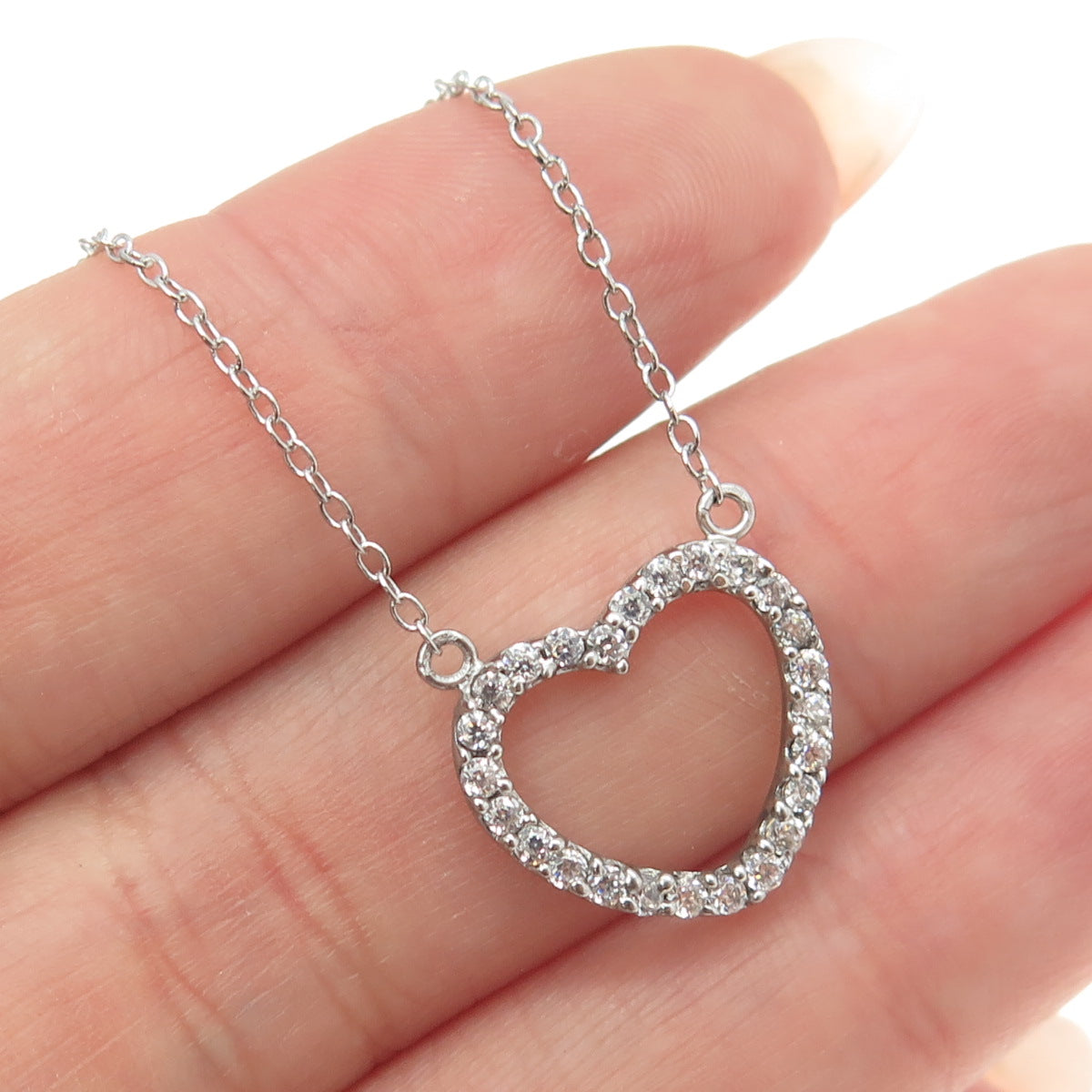 925 Sterling Silver Round-Cut C Z Heart Cable Chain Necklace 16-18"