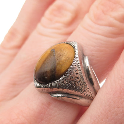 925 Sterling Silver Vintage Real Tiger Eye Modernist Oxidized Ring Size 8.5