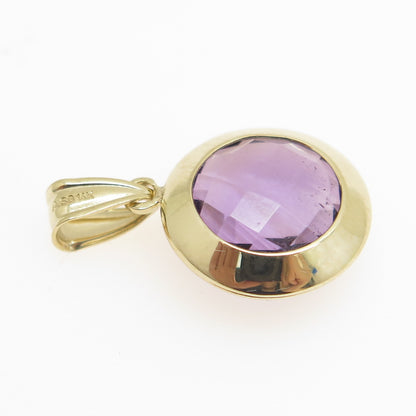 14K Yellow Gold Real Round-Cut Amethyst Disc Charm Pendant