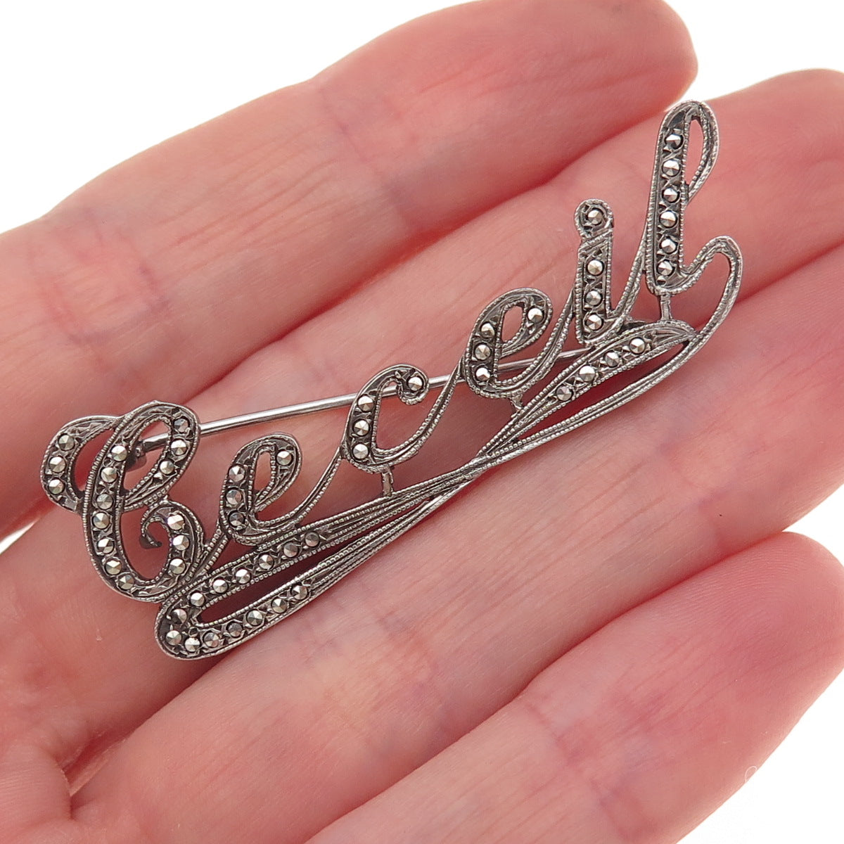 925 Sterling Silver Antique Art Deco Real Marcasite Ceceil Name Pin Brooch