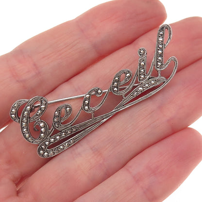 925 Sterling Silver Antique Art Deco Real Marcasite Ceceil Name Pin Brooch