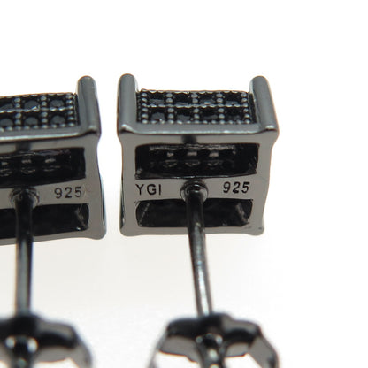 925 Sterling Silver Real Black Spinel Princess Stud Black Rhodium Earrings