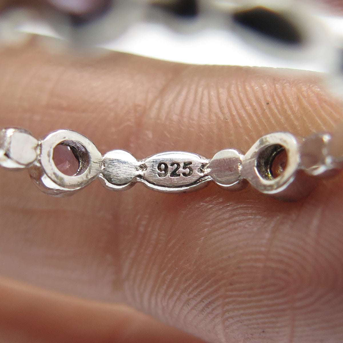 925 Sterling Silver Real Round-Cut Amethyst Gem Beaded Band Ring Size 7