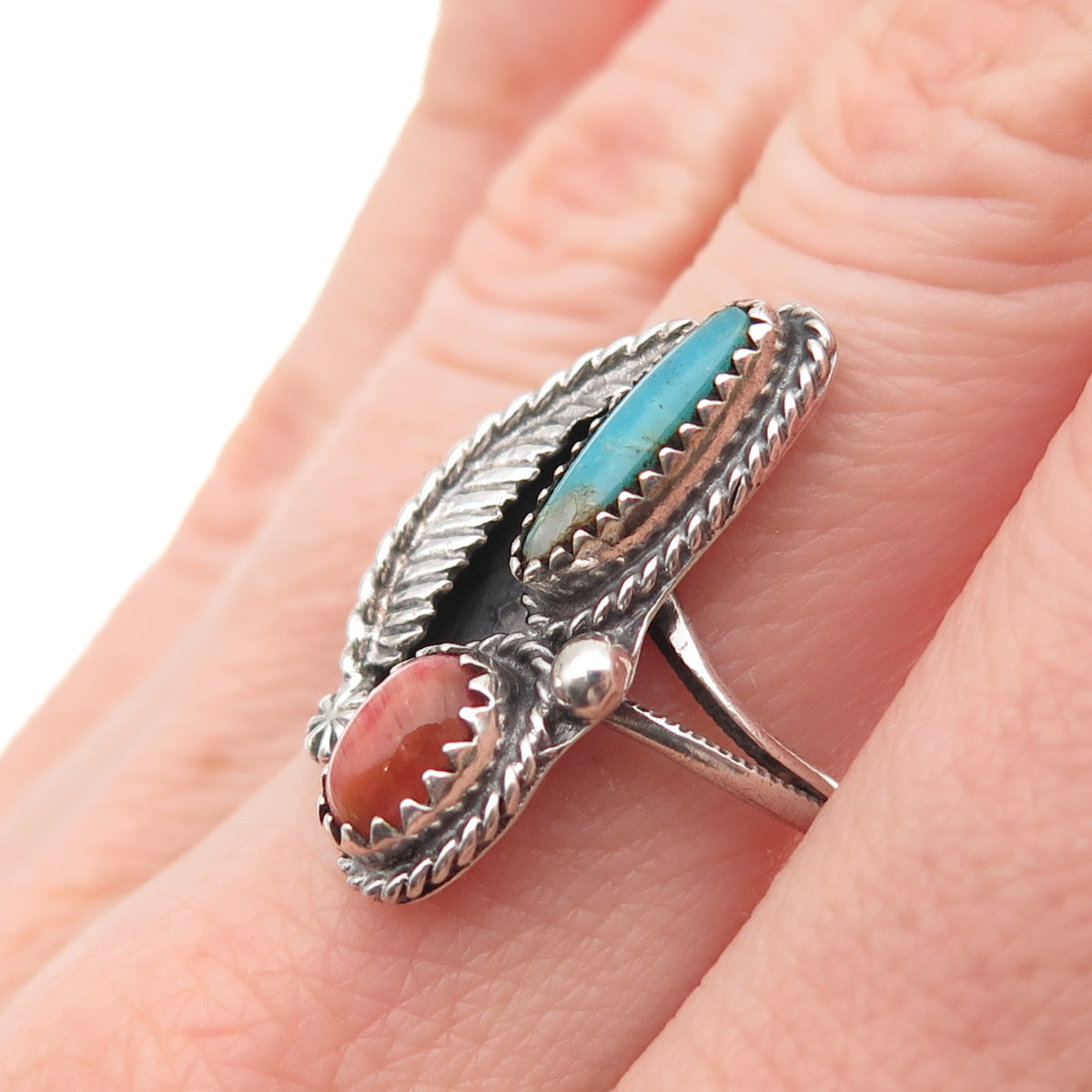 Old Pawn Sterling Silver Vintage Turquoise Cat's Eye Feather Tribal Ring Size 8