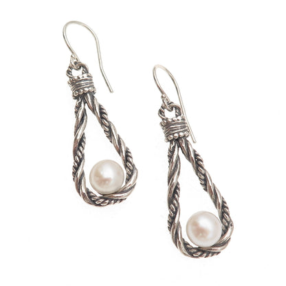 925 Sterling Silver Vintage Real Pearl Twisted Teardrop Oxidized Dangle Earrings