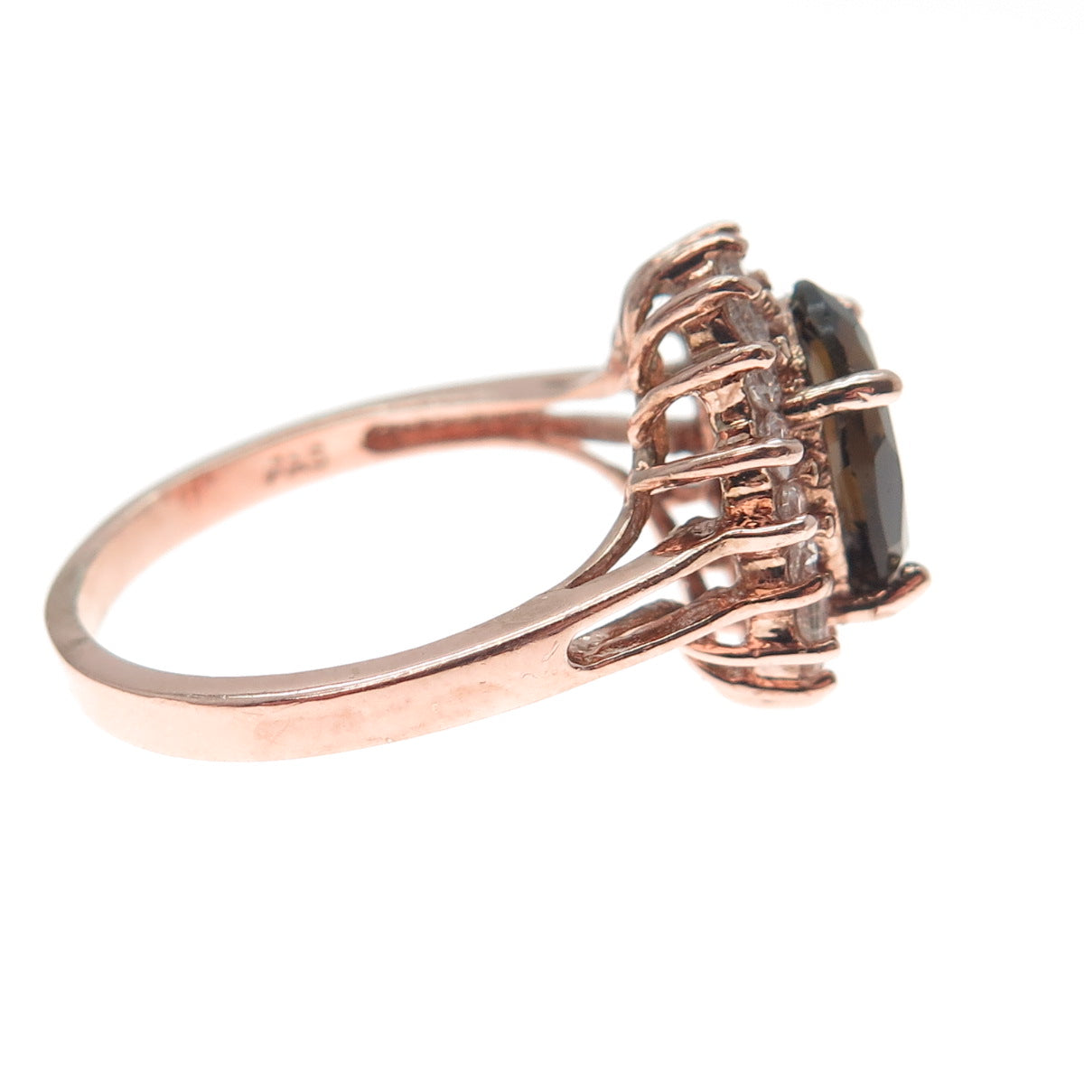 925 Sterling Silver Rose Gold Plated Real Smoky Quartz & C Z Ring Size 8.25
