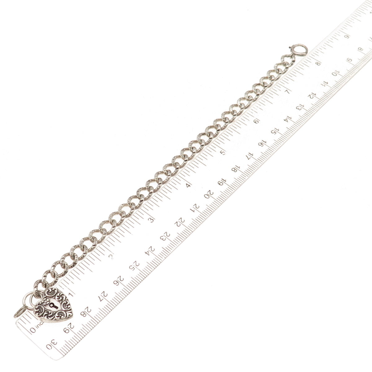 925 Sterling Silver Antique Art Deco Heart Padlock Curb Link Bracelet 7.75"