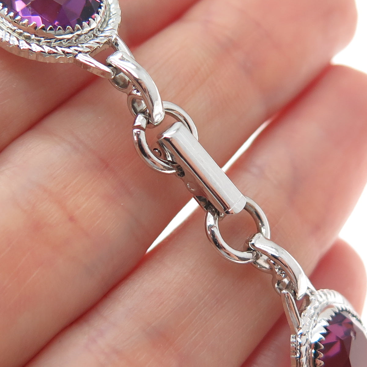 DANECRAFT 925 Sterling Silver Vintage Oval-Cut Purple Glass Bracelet 6.5"