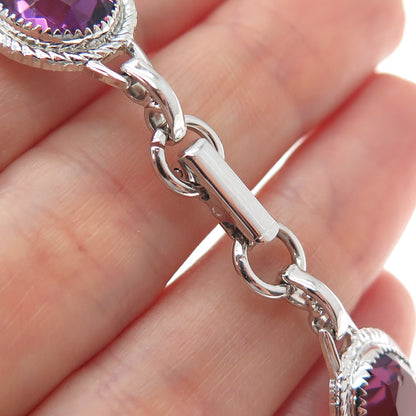 DANECRAFT 925 Sterling Silver Vintage Oval-Cut Purple Glass Bracelet 6.5"