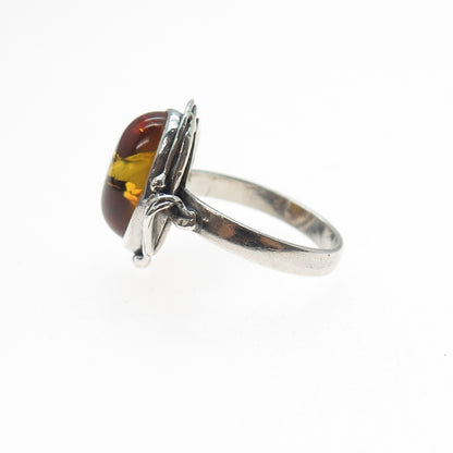W. Kruk 925 Sterling Silver Vintage Poland Real Amber Modernist Ring Size 7