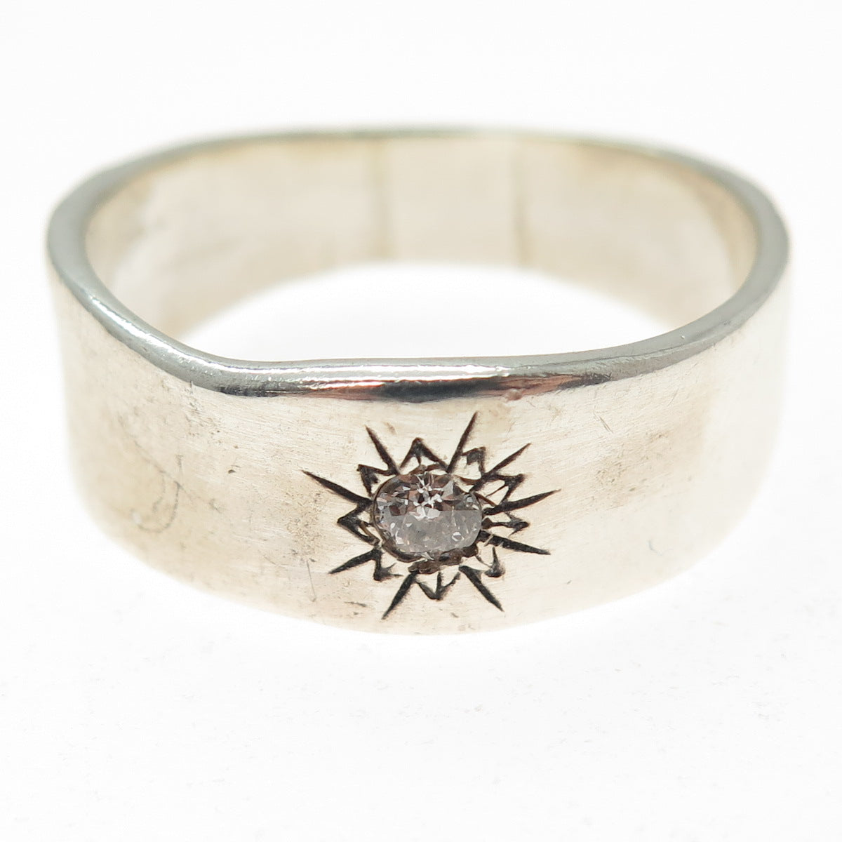 925 Sterling Silver Vintage Round-Cut C Z Sun Modernist Band Ring Size 14.75