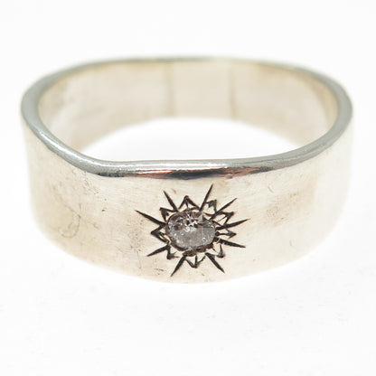 925 Sterling Silver Vintage Round-Cut C Z Sun Modernist Band Ring Size 14.75
