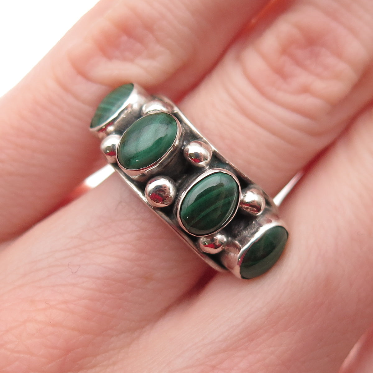 925 Sterling Silver Vintage Real Malachite Beaded Oxidized Ring Size 5.75