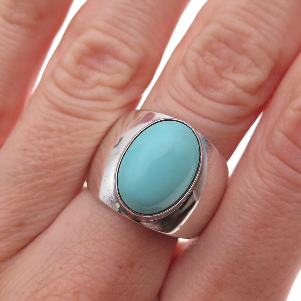 925 Sterling Silver Vintage CII Mexico Real Turquoise Oxidized Ring Size 7