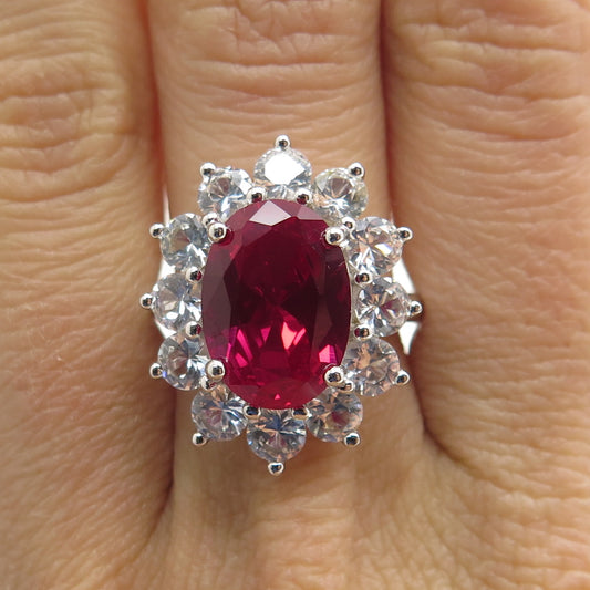 925 Sterling Silver Lab-Created Ruby & Real White Topaz Ring Size 8.25