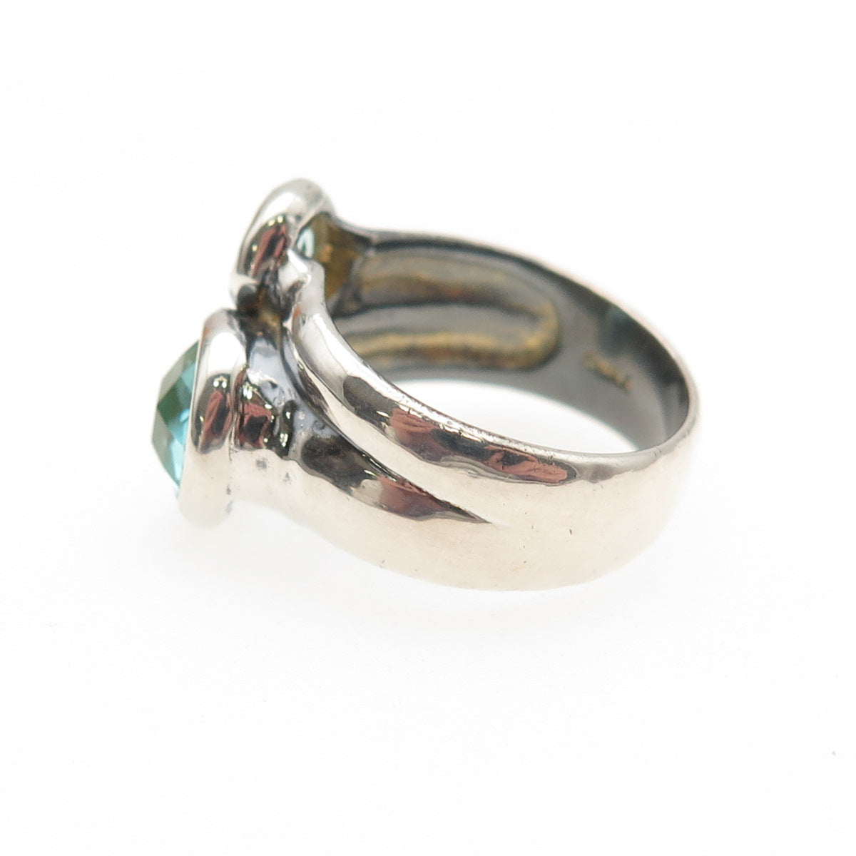 925 Sterling Silver Vintage Round-Cut Blue C Z Modernist 2-Row Ring Size 7