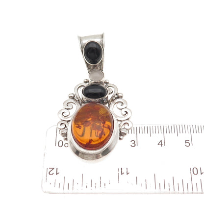 SUARTI BALI 925 Sterling Silver Vintage Real Amber Black Onyx Moonstone Pendant