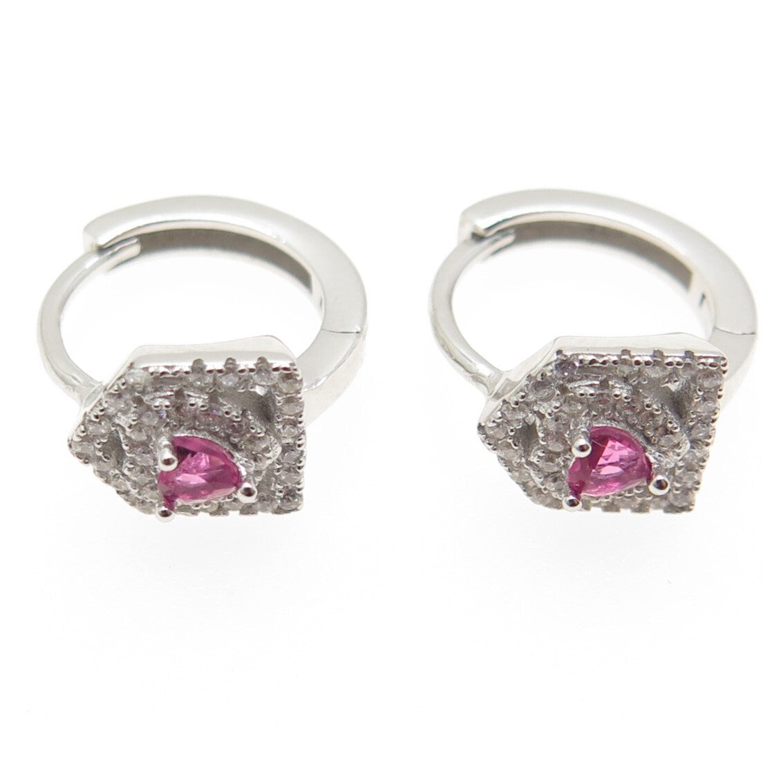 925 Sterling Silver Pink Heart-Cut & White Round-Cut Shaped C Z Hoop Earrings