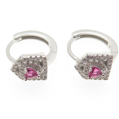 925 Sterling Silver Pink Heart-Cut & White Round-Cut Shaped C Z Hoop Earrings