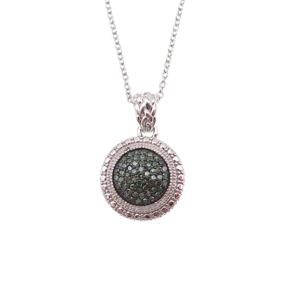 925 Sterling Silver Real Round-Cut Green Diamond Cable Chain Necklace 18"